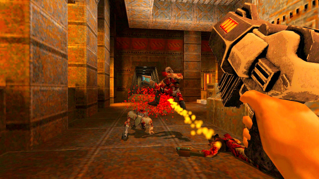 Una captura de pantalla muestra la muerte de un enemigo en Quake II. 